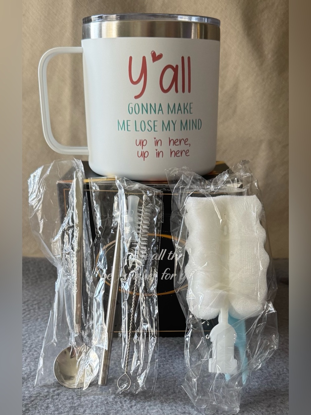 White Insulated Stainless Steel Coffee Mug with Teal and Coral Text